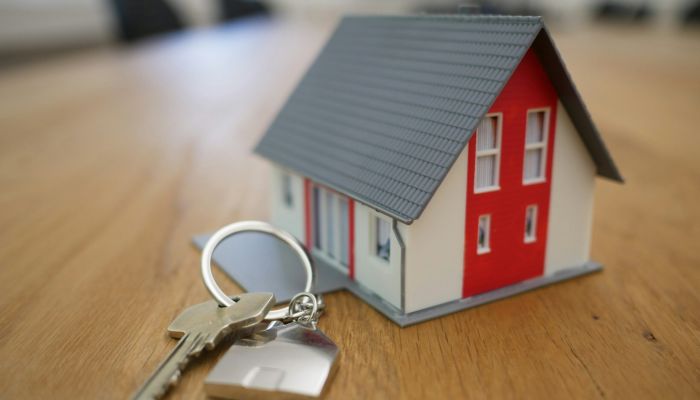 small model house on a table with a key.